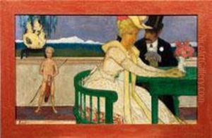 Elegantes Liebespaar Mit Amor Auf Einer Terrasse by Fritz Erler