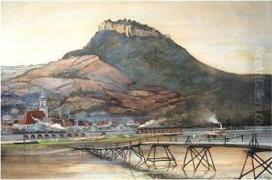 A Rhineland View, Signed And
Dated 1917, Watercolour Heightened With White, 67 X 97 Cm.; 26 1/2 X 38
In by Fritz Erler