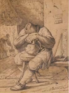 Un Paysan Assis Endormi S'appuyant Sur Une Cruche by Charles Eschard