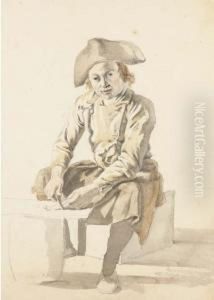 Un Pecheur Assis Portant Un Tricorne Et Fumant La Pipe Ecaillant Unpoisson by Charles Eschard