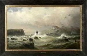 Im Aufgewuhlten Meer Kampfen Ein
 Ruderboot Und Ein Segelschiff Gegen Die Naturgewalt Der Brechenden 
Gischtwellen Und Der Gefahrlichen Brandung An Den Felsenklippen. 
Imposantes, Atmospharisch Meisterhaftes Hauptwerk Des Kunstlers, Der 
Sich Als Schu