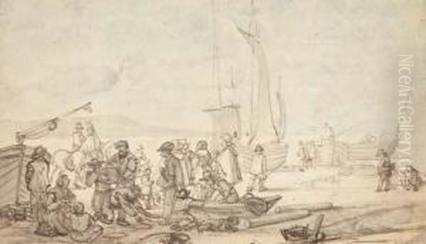 Des Personnages Sur Une Cote Avec Des Bateaux De Peche A L'arriereplan - view 1