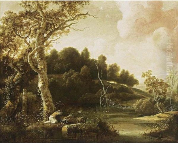 A Wooded River Landscape With A Sportsman Shooting Ducks - view 1
