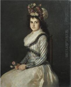 Portrait Of A Young Woman Holding Two Roses by Augustin Esteve