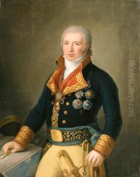 Portrait Of Don Manuel Godoy, 
Duque De Alcudia, Principe De La Paz,standing Three-quarter Length, 
Wearing A Blue Uniform With Theorder Of The Golden Fleece, Pointing At 
Maps Of The Straits Ofgibraltar And The New Indies - view 1