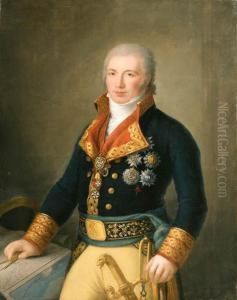 Portrait Of Don Manuel Godoy, 
Duque De Alcudia, Principe De La Paz,standing Three-quarter Length, 
Wearing A Blue Uniform With Theorder Of The Golden Fleece, Pointing At 
Maps Of The Straits Ofgibraltar And The New Indies