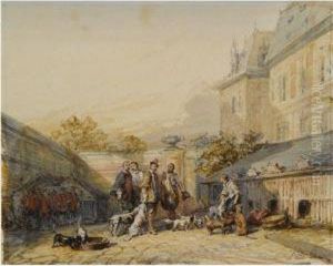 Huntsmen In 17th Century Dress With Their Hounds In A Courtyard,the Hague by Eugene Isabey