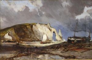 . Arrivee Des Pecheurs A Etretat. Huile Sur Panneau Monogrammee Et