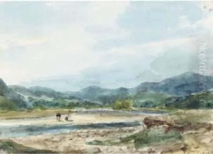 A Hilly Landscape With Figures Near A River by Eugene Isabey