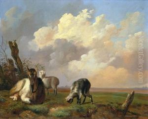 Goat And Two Kids By A Pond In A Landscape Goat And Two Kids By A Pond In A Landscape