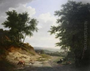 Wooded Landscape With Animals And Shepherd by Eugene Verboeckhoven