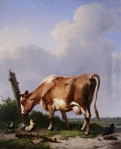 Landscape With Cow, Cock And Chickens by Eugene Verboeckhoven