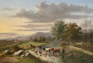 Shepherd With Cattle At Dusk