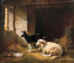 A Ewe, A Goat, A Rabbit And A Duck In A Barn by Eugene Verboeckhoven
