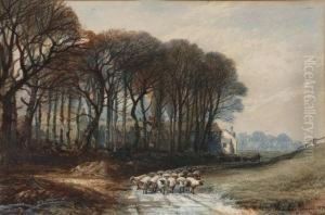 A Shepherd Herding Sheep And
Cattle Down A Country Lane With Farmbuildings In The Distance by Bernard Walter Evans