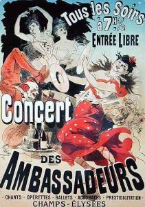 Reproduction of a poster advertising an 'Ambassadors' Concert', Champs Elysees, Paris, 1884 by Jules Cheret