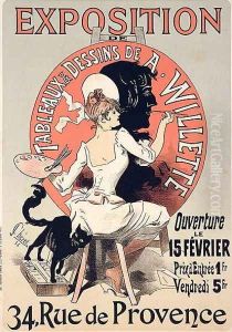 Reproduction of a poster advertising an 'Exhibition of the Paintings and Drawings of A. Willette (1857-1926), Rue de Provence, 1888 by Jules Cheret