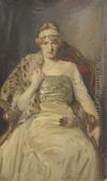 Portrait Of A Lady, Seated Three-quarter-length, In A White Dressand Fur Shawl - view 1
