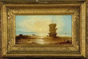 A Sailing Ship Unloading On A Beach At Sunrise. by John H. Wilson