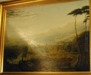 Figures On A Path Overlooking A Highland Lake Scene At Sunset by John H. Wilson
