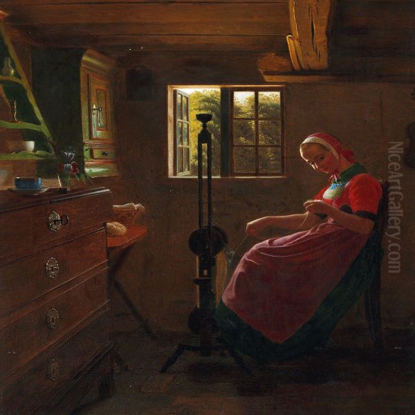 Peasant Interior With A Young Woman At The Spinning Wheel - view 1