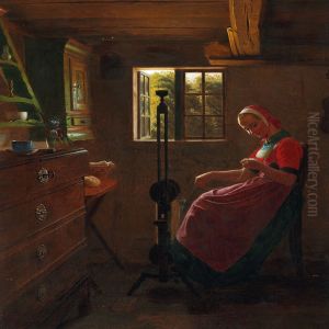Peasant Interior With A Young Woman At The Spinning Wheel