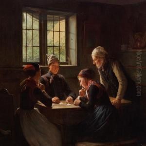 Interior With Young Peopleplaying Cards by Julius Exner