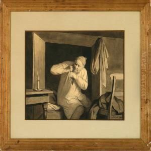 Interior From Fano Island With An Old Man In A Bed by Julius Exner
