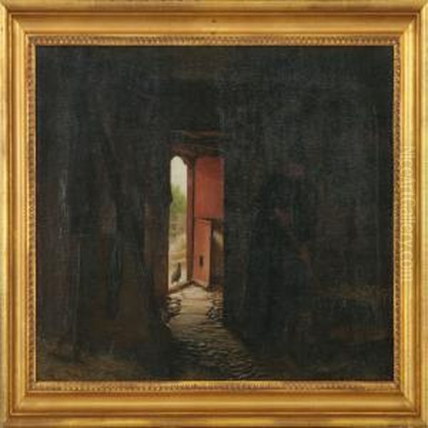 Woman In A Stableinterior With Light Coming Through The Open Door - view 1