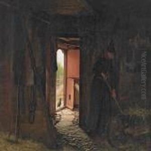 Woman In A Stable Interiorwith Light Coming Through The Open Door by Julius Exner