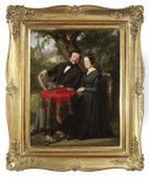 A Couple With Their Dog Sitting
In The Garden. Oil/canvas/canvas, Signed And Dated "1844" - view 1