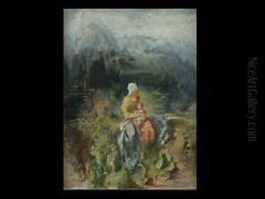 Junge Mutter Mit Kind Auf Einerrasenbank by Gustav Eyer