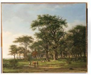 A Wooded Summer Landscape With A Peasant Girl And Cattle by Arnoldus Johannes Eymer