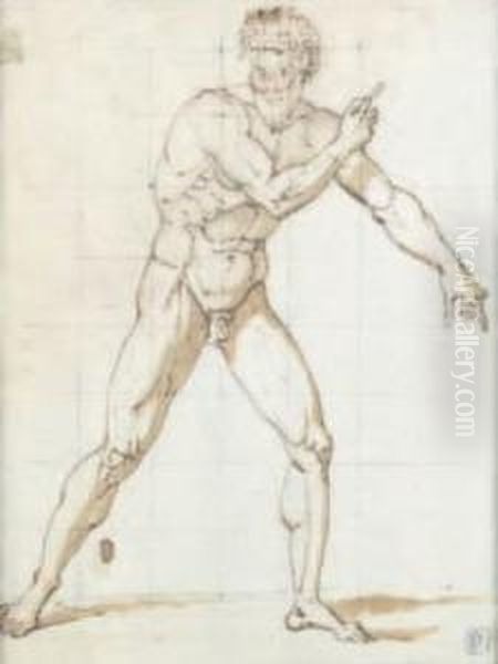 Etude D'homme Nu Plume Et Encre Brune, Lavis Brun Et Traces De Sanguine, Mis Au Carreau. - view 1