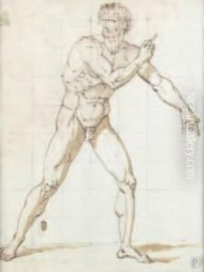 Etude D'homme Nu Plume Et Encre Brune, Lavis Brun Et Traces De Sanguine, Mis Au Carreau. Etude D'homme Nu Plume Et Encre Brune, Lavis Brun Et Traces De Sanguine, Mis Au Carreau.