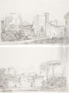 Un Batiment A Rome; Et Un Batiment Pres De Naples, Le Vesuve Dans Le Fond by Francois-Xavier Fabre