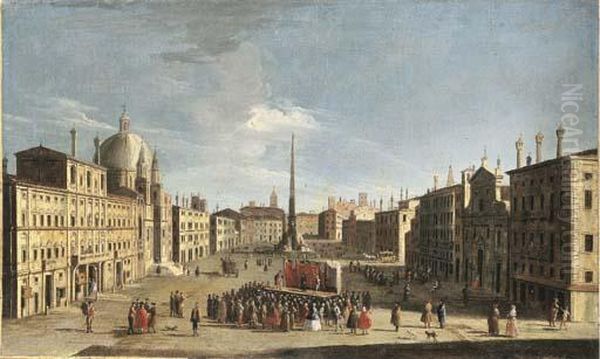 The Piazza Navona, Rome, From
The South, With A Crowd Watching A Performance Of The Commedia Dell'arte - view 1