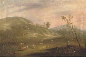 A shepherd and his flock on a hillside with cottages in the distance