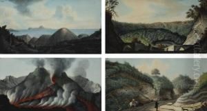 Vesuvius Erupting; The Bay Of
Naples With Capri In The Distance; Neapolitan Landscape; And Travellers
On A Path by Pietro Fabris