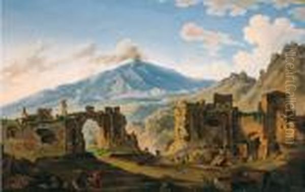 Veduta Del Teatro Greco Di Taormina Con Il Vulcano Etna
 Olio Su Tela, Cm. 74x113,5 - view 1