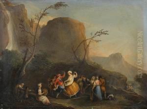 Figures Dancing Besides A River Under A Waterfall; And Peasants Merrymaking In An Inn by Pietro Fabris
