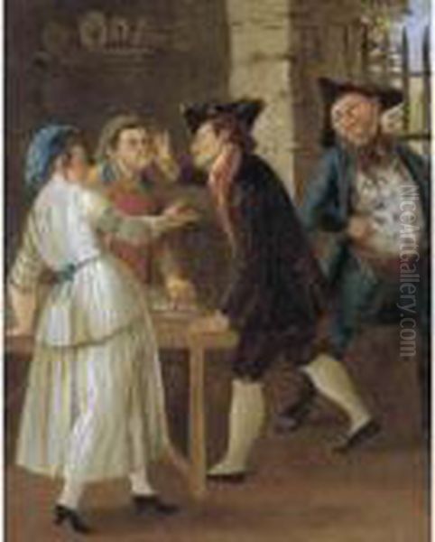 An Street Scene With Figures Fighting Over A Card Game - view 1