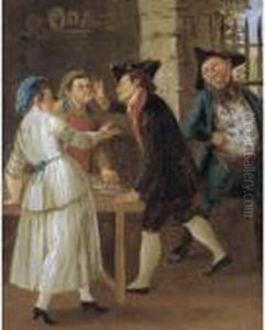 An Street Scene With Figures Fighting Over A Card Game