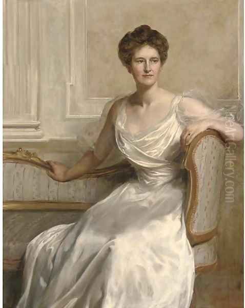 Portrait of Mary Frances Wilson, seated three-quarter-length, in a white dress, in an interior - view 1