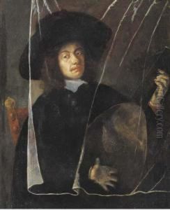 A Man Playing A Lute Behind A Trompe L'oeil Curtain