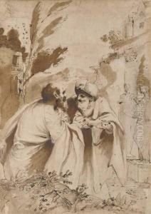 The Two Elders Conversing, Susannah In The Background Entering The Bath by Pietro Faccini