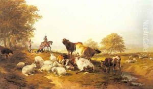 Cattle And Sheep Resting In An Extensive Landscape by Thomas Sidney Cooper