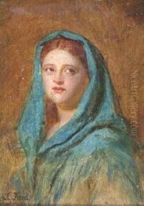 Study Of A Girl's Head With Blue Head Scarf by John Faed