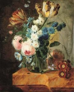 Tulips, Roses, Morning Glory,
Campanulas And Other Flowers In Aglass Vase With Primulas On A Marble
Ledge, A Wooded Landscapebeyond by Pieter Faes