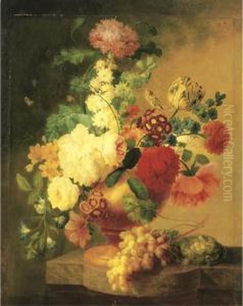 Tulips, Roses, Peonies,
Narcissus, And Other Flowers With A Butterfly In An Urn, With Grapes On
The Vine And A Bird's Nest With Eggs And Ants On A Marble Ledge - view 1